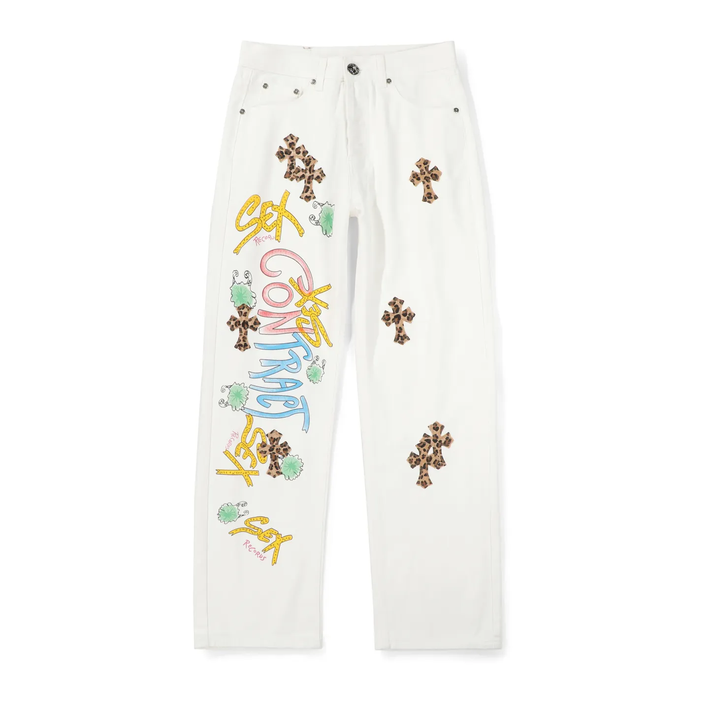 P250 Chrome Hearts & Chrome Hearts high street jeans with leopard pattern and vintage graffiti painting on white background. Chrome Hearts are the most popular pants in color. Made of beaded canvas fabric, heavy washing makes the upper body of the fabric more textured and the pants are tall and straight! The three-dimensional cutting of the whole trousers is a masterpiece! The hardware is customized by zp. The beaded canvas fabric is thick and soft after being washed. It has good breathability. Customized small leather label. Unique design. The details are simple and elegant, and the workmanship is exquisite. The whole trousers are neatly routed and the details are in place! Trendy people have been disappointed. From the quality selection of fabrics, the tailoring of details, and the matching of patterns, everything is impeccable! The upper body is so handsome when worn...it can be easily worn by men, women and children! The craftsmanship is made of heavy-duty washed pure cotton denim fabric. After washing, it is soft and thick and looks very stylish when worn. Color: White Size: 28 30 32 34 (S-XL)